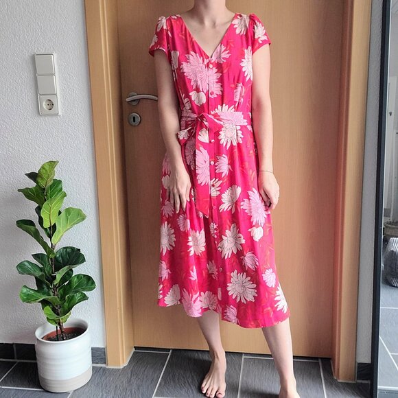 Talbots Pink Floral Chrysanthemum Belted Button Front Midi Shirt Dress 8 Petite - Picture 6 of 16